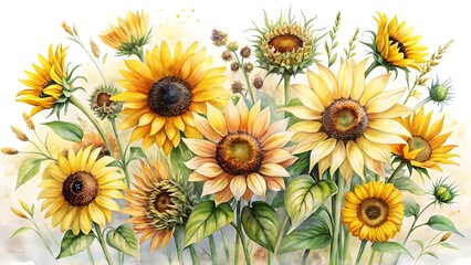 Field of sunflowers in watercolor style, bright yellow flowers blooming in summer