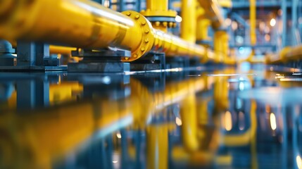 Yellow industrial piping infrastructure reflecting dramatically on polished floor