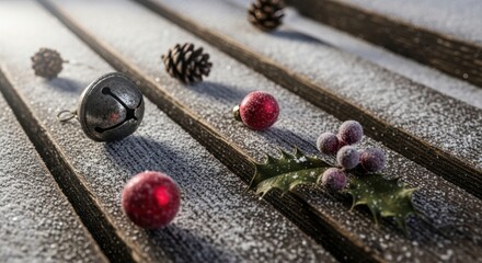 Christmas decorations with snow on wooden planks