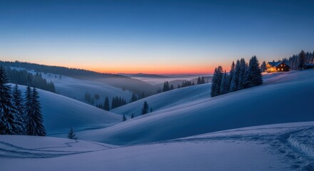 Snowy hills at dawn with warm light on the horizon