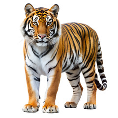 Fototapeta premium Magnificent tiger isolated on transparent background, standing with grace and power, displaying its distinctive stripes in a captivating fullbody view
