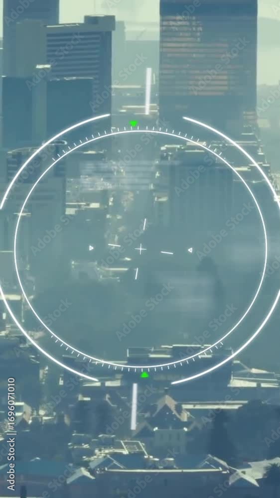 Poster animation of circles, lines and computer language over aerial view of modern cityscape