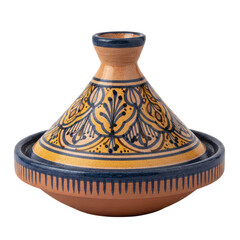 Stunning Moroccan tagine with intricate blue and yellow design, a culinary delight for authentic...