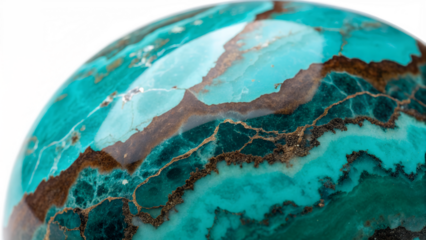 Close-up of a polished turquoise stone with intricate patterns and colors. The stone features shades of blue, green, and brown, showcasing its natural beauty.