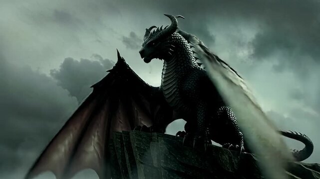 Majestic dragon perched on rocky outcrop under dramatic cloudy sky