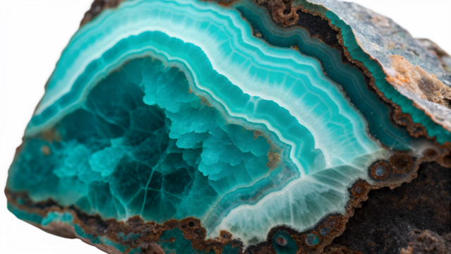 A close-up of a turquoise agate stone with intricate banding and a rough exterior. The stone is isolated on a transparent background.