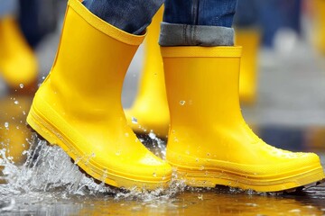 Bright yellow boots splash through puddles on a rainy day in a vibrant urban setting