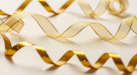 Curled gold ribbon with glitter detail on a light background
