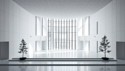 Modern minimalist interior with large glass windows and potted trees