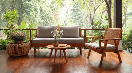 Outdoor patio furniture set with a view of lush greenery.