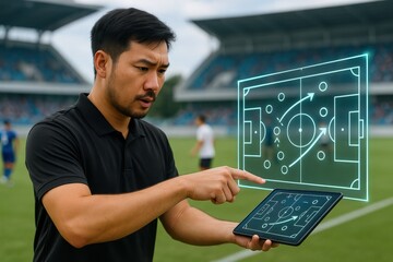Soccer strategy session sports field digital tactics display outdoor environment close-up view coaching concept