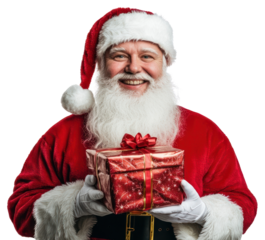PNG An american man wearing full Santa costume with white beard carry christmas gift on two hand seem playful holiday gloves santa.