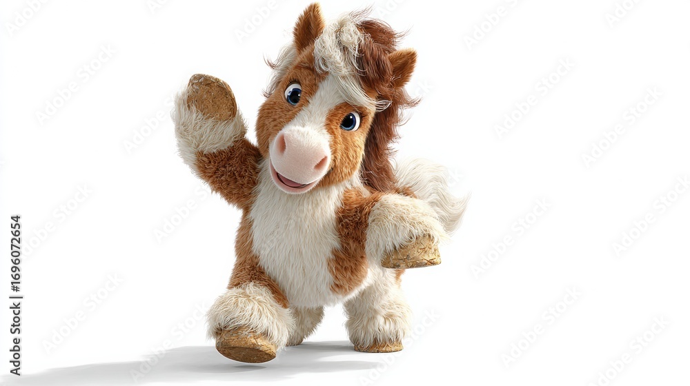 Poster playful cartoon horse character dancing joyfully with a cheerful expression in a vibrant setting