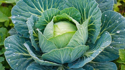 Obraz premium Fresh Green Cabbage in the Garden