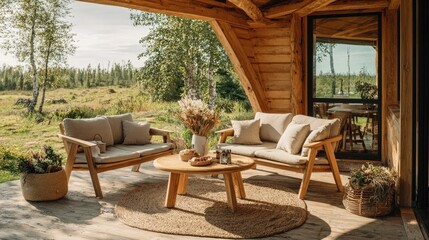 Fototapeta premium Wooden outdoor sofa set on a covered patio overlooking a grassy field.
