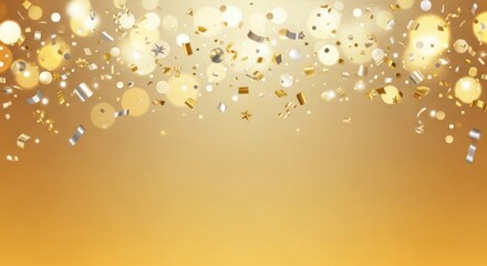 Golden confetti and bokeh lights create a festive celebration background