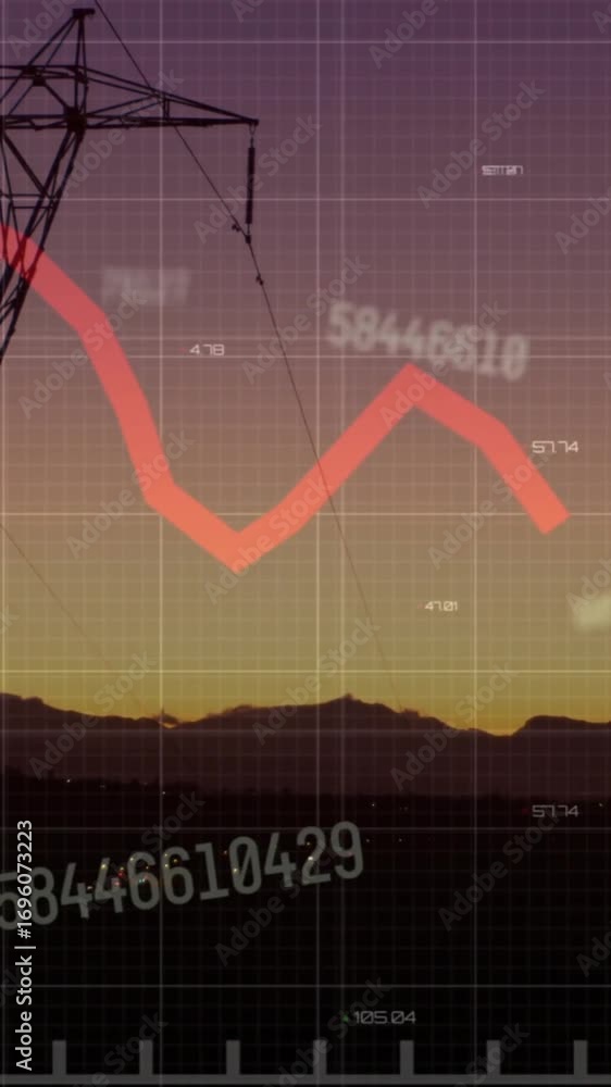 Poster Animation of financial data processing over electricity pylons on field