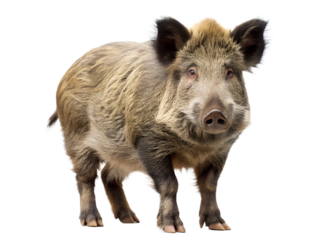 A robust wild boar stands proudly, isolated on transparent background, showcasing its sturdy build and bristly fur, a symbol of the wilderness
