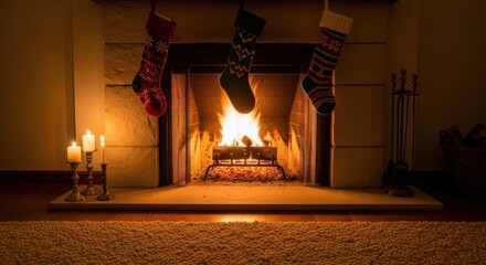 Cozy christmas fireplace with stockings and burning logs