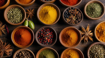 Flat Lay of Colorful Spices in Ceramic Bowls Arranged in Circle