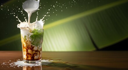 Es cendol pour with coconut milk and green strands frozen mid-flight, high-speed capture