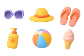 Beach stickers &ndash; summer vacation 3D soft sticker set 6‑pack transparent PNG sunglasses, sun hat, flip flops, sunscreen bottle, beach ball, ice cream