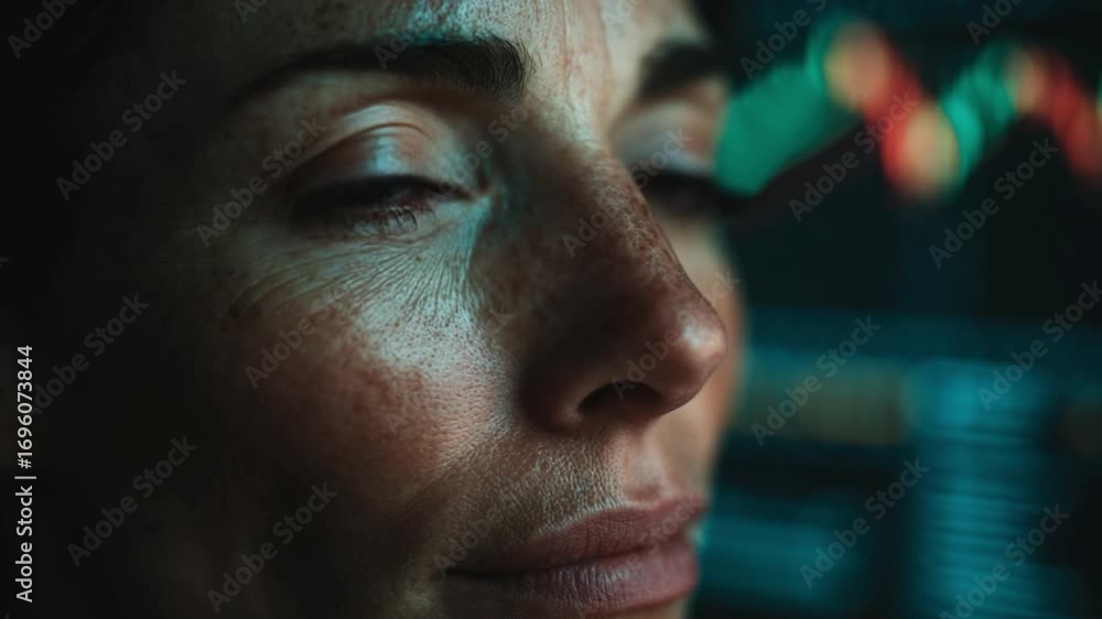 Poster close-up portrait of a thoughtful woman analyzing data with graphs and charts in the background