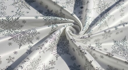 White fabric with silver glitter snowflakes