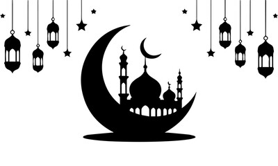 Islamic mosque silhouette with crescent moon, lanterns and stars – Ramadan and Eid festival background illustration