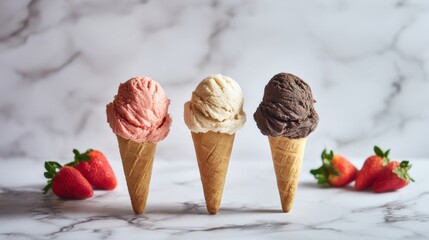 Three waffle cones with strawberry, vanilla, and chocolate flavors sit on a marble surface,