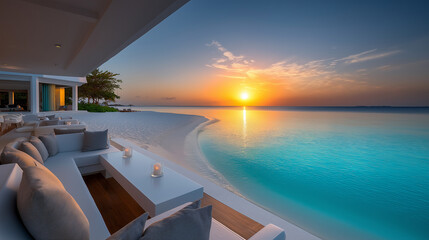 Fototapeta premium Luxuriöser Infinity-Pool bei Sonnenuntergang mit atemberaubendem Meerblick