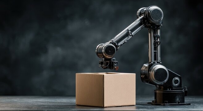Industrial robot arm placing a cardboard box