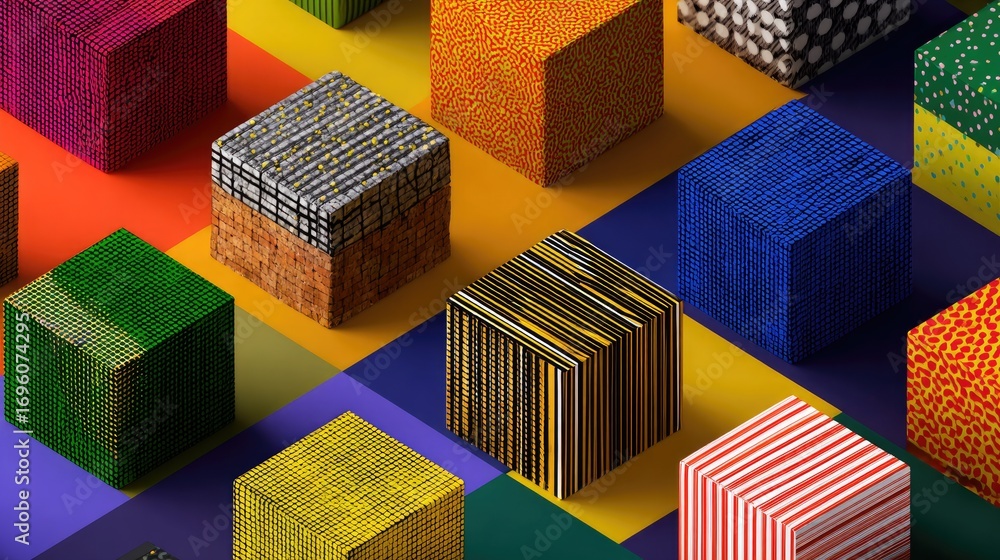 Poster vibrant and colorful 3d textured cubes arranged in geometric patterns for creative design projects
