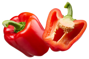 whole and half red capsicum isolated