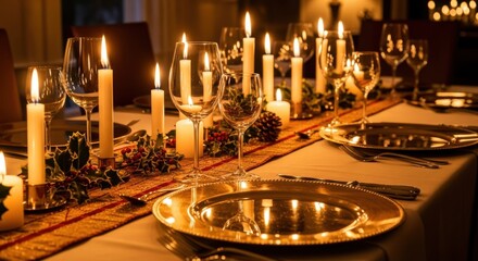 Elegant candlelit dinner table setting for a festive occasion