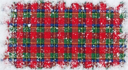 Red and green tartan plaid pattern with snow