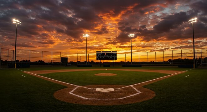 A baseball field at sunset with dramatic clouds and stadium lights illuminating the diamond.