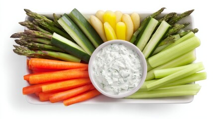 Fresh assortment of raw vegetables arranged around a creamy dip bowl, featuring asparagus, cucumber, baby carrots,