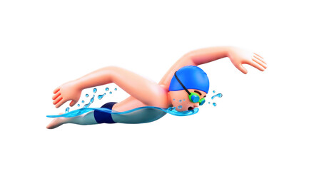 3d model swimmers graceful freestyle stroke in blue waters, isolated on transparent background