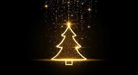 Golden christmas tree with sparkling glitter and lights on black background