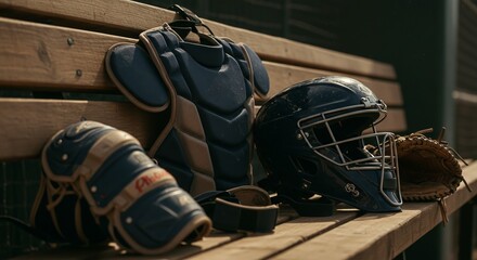 A baseball catcher's protective gear, including a helmet, chest protector, and shin guards, resting on a wooden dugout bench.