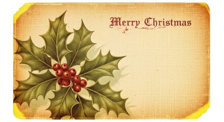 Vintage merry christmas card with holly and berries