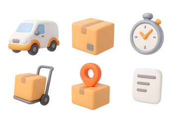 Delivery icons &ndash; shipping & logistics 3D soft sticker set 6‑pack transparent PNG delivery van, cardboard box, hand truck dolly, package with pin, shipping label, stopwatch