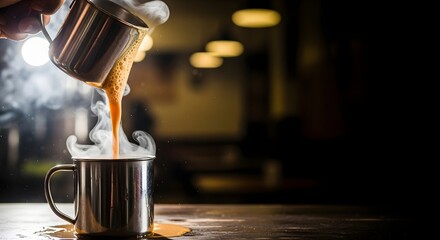 Teh tarik pulling stream between metal mugs with froth crown, cafe smoke backdrop
