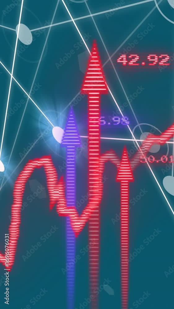 Poster animation of red graph with upward blue and red arrows over communication network