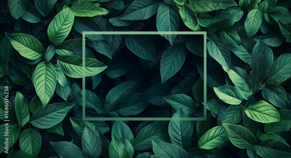 Poster lush green leaves create a natural frame for a blank space in a serene botanical setting.