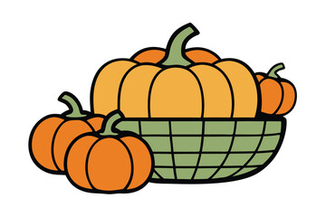 Hand Drawn Black and White Pumpkins in Basket Doodle Illustration