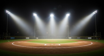 An empty baseball field at night illuminated by bright stadium floodlights creating a dramatic, hazy atmosphere.