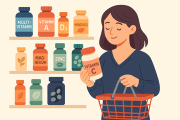 Woman Choosing Vitamins – Supplement Shopping Vector