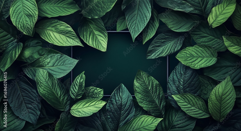 Poster lush green leaves creating a natural layer in a serene setting during daytime.